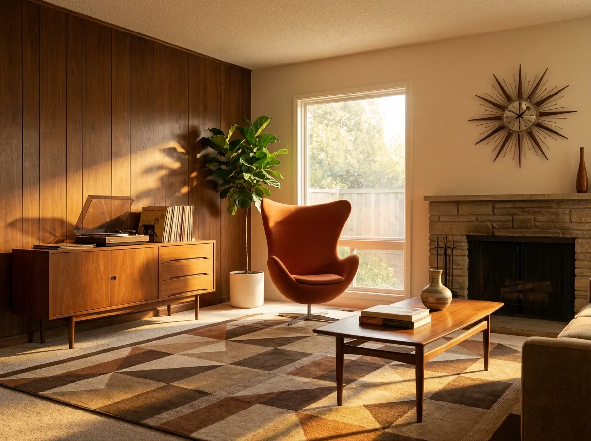 AI living room design in mid-century modern style with retro furniture and warm wood accents
