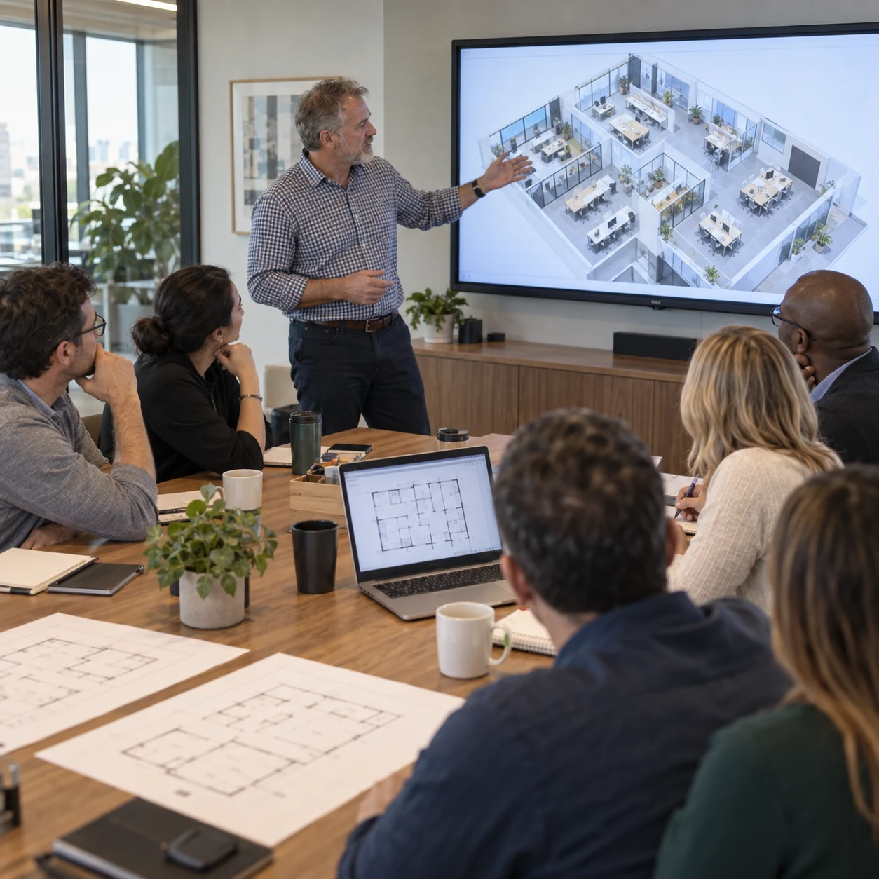 Facilities team presenting a 3D office view to staff in a meeting room