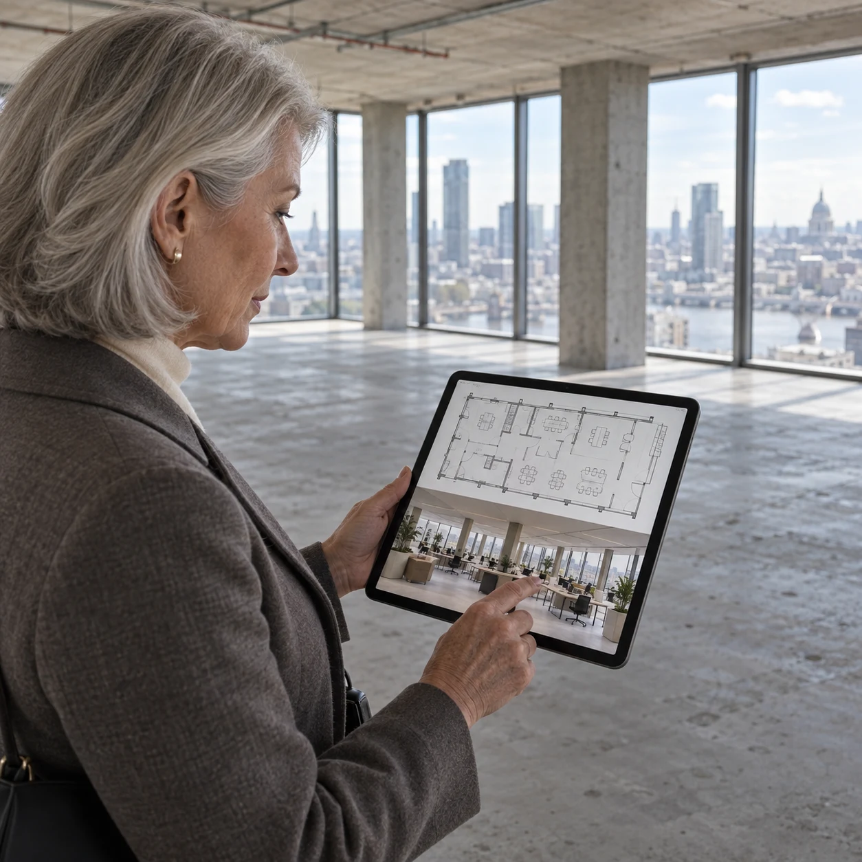 Commercial landlord reviewing an office layout and rendered interior for a vacant floor