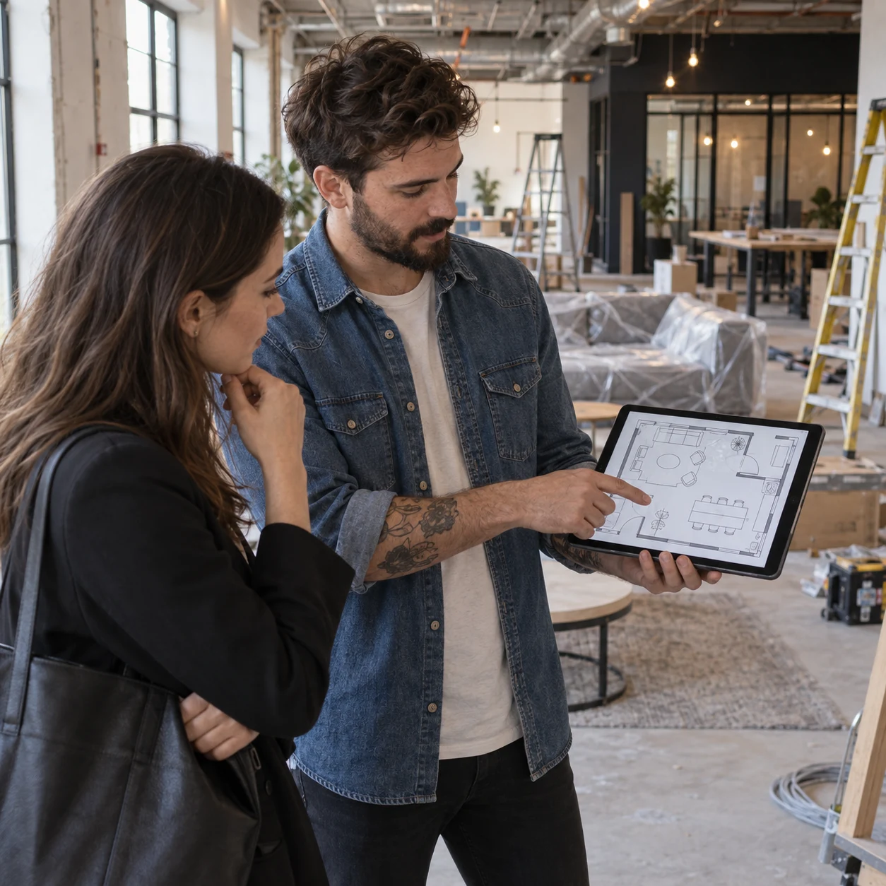 Coworking operator showing a rendered lounge and desk plan to a prospective member