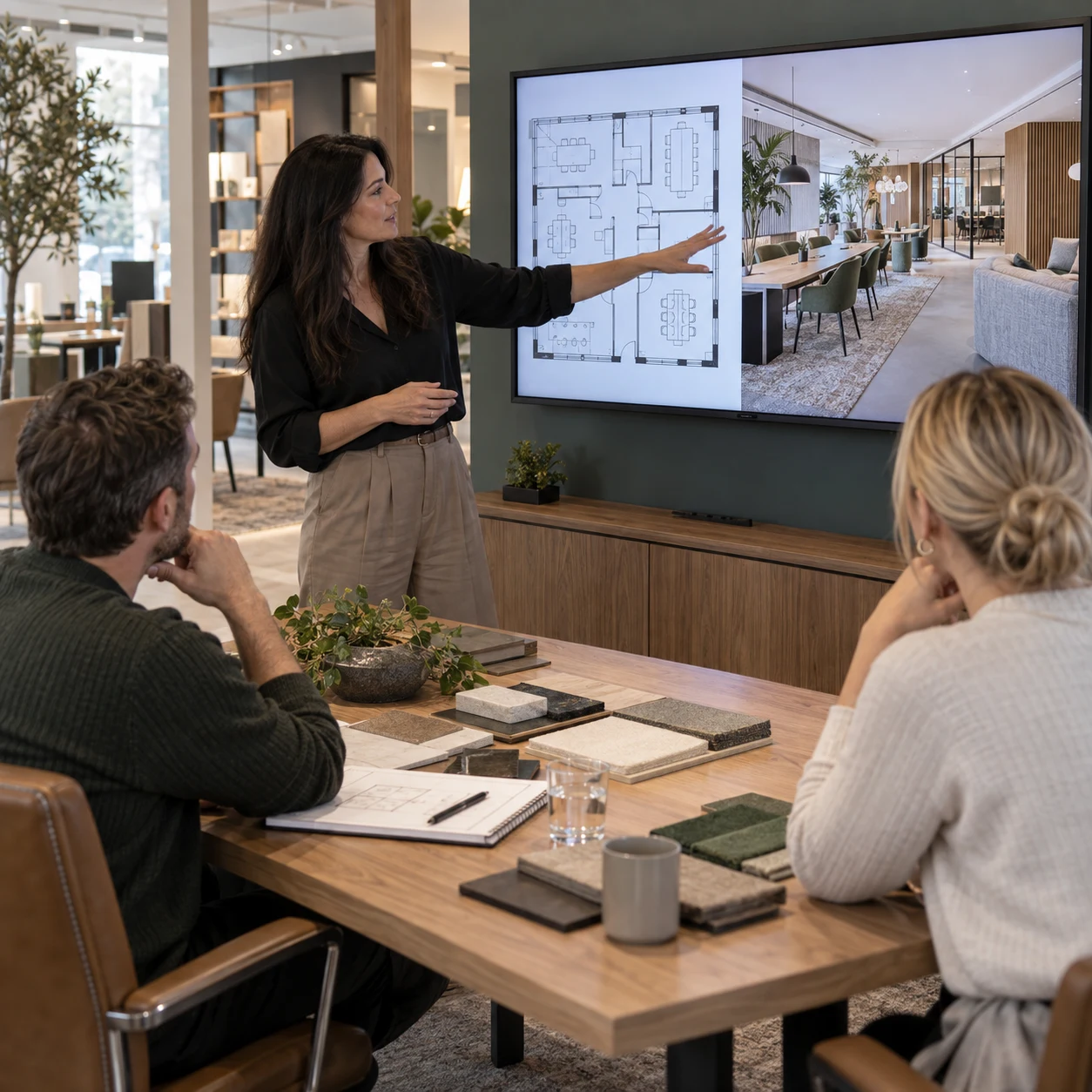 Office interior designer presenting a layout and a rendered concept to a client