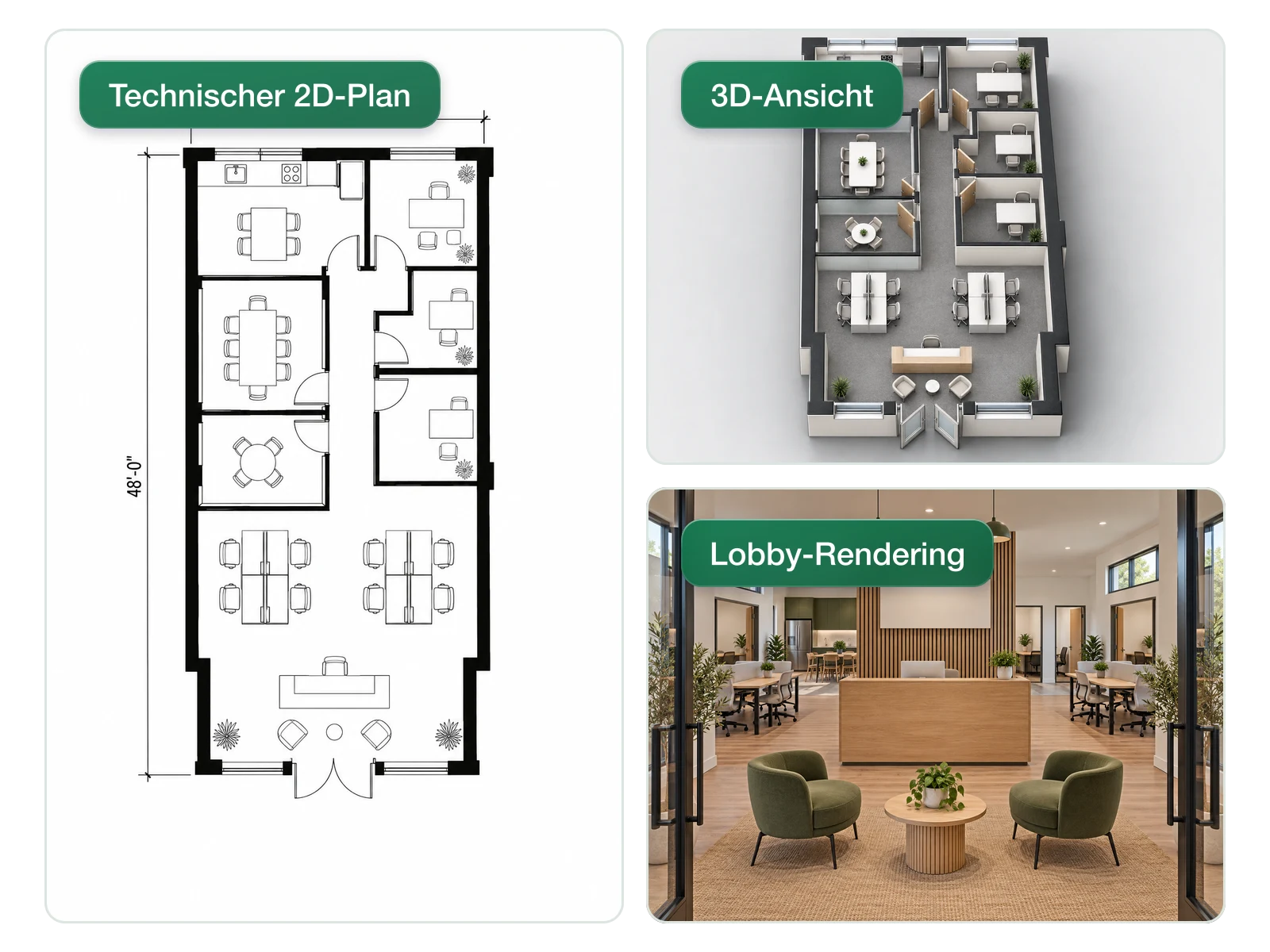 Derselbe Bürogrundriss als technischer 2D-Plan, 3D-Ansicht und gerendertes Foyer