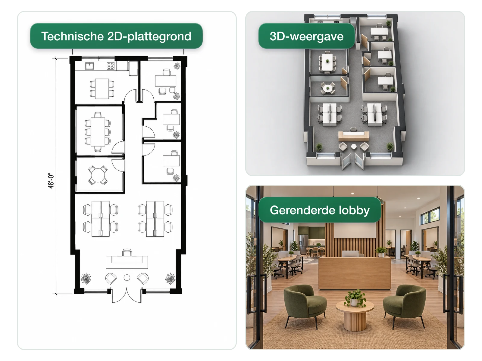 Dezelfde kantoorindeling getoond als technische 2D-plattegrond, 3D-weergave en gerenderde lobby