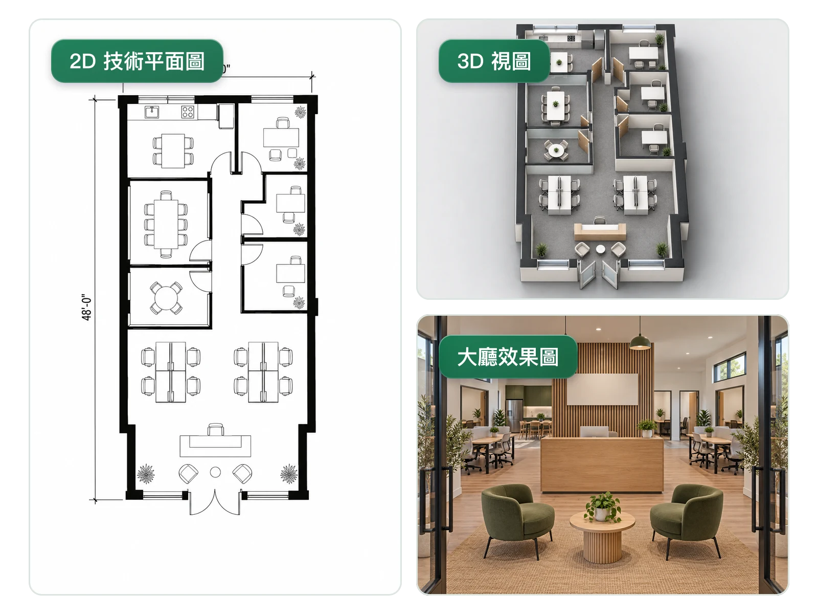 同一辦公室格局展示為 2D 技術平面圖、3D 視角與大廳渲染效果