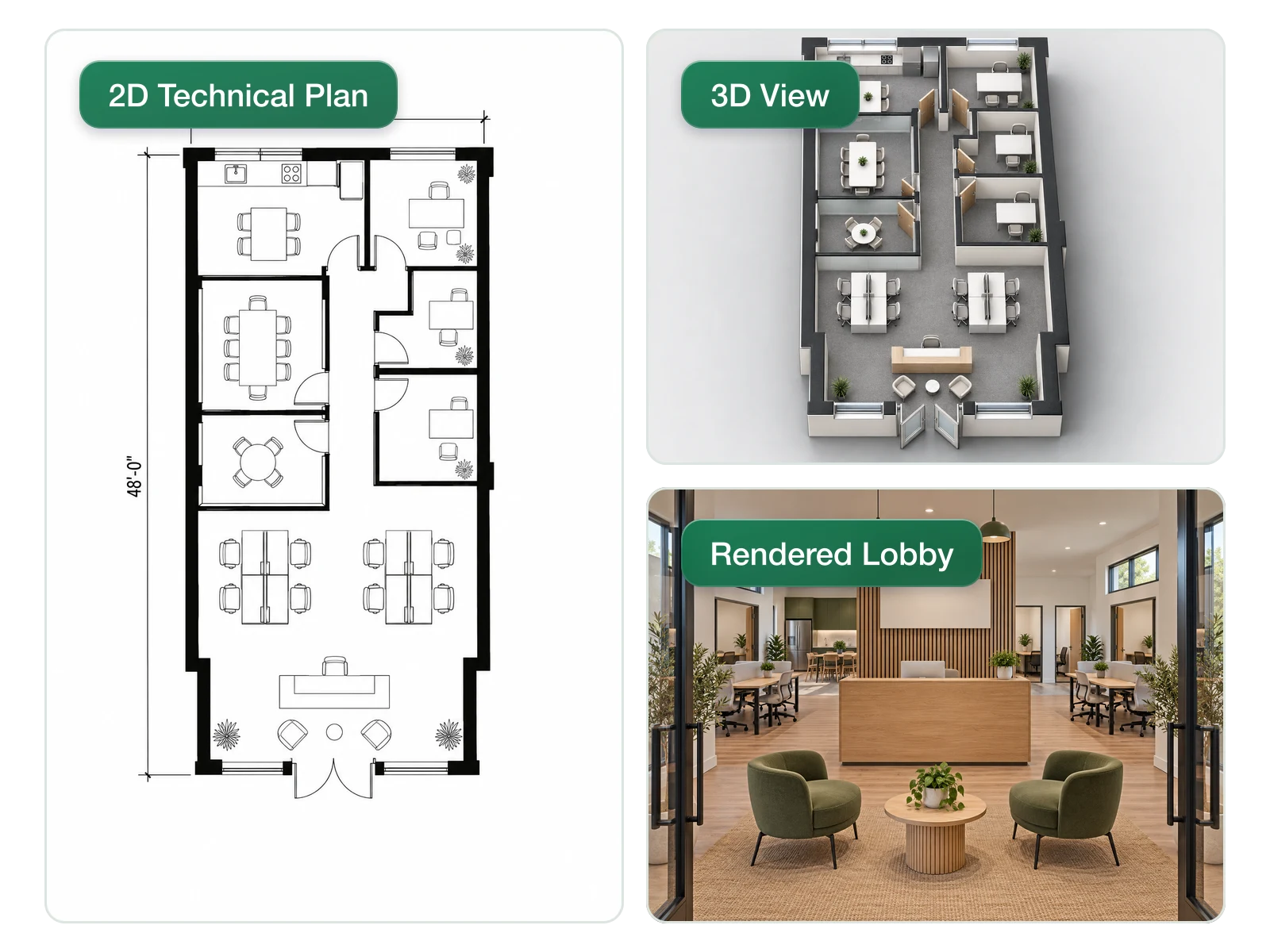 The same office layout shown as a 2D technical plan, a 3D view and a rendered lobby