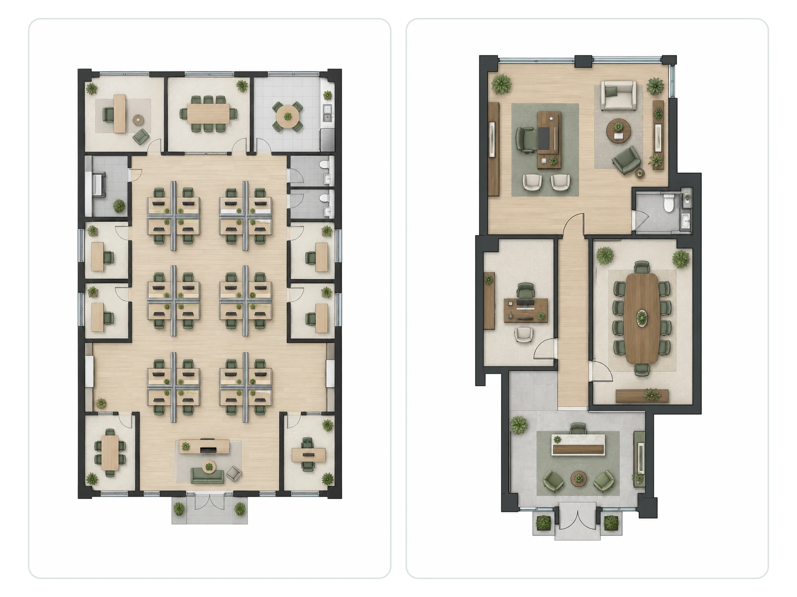 Cubicle and executive suite office layouts generated from two workspace types