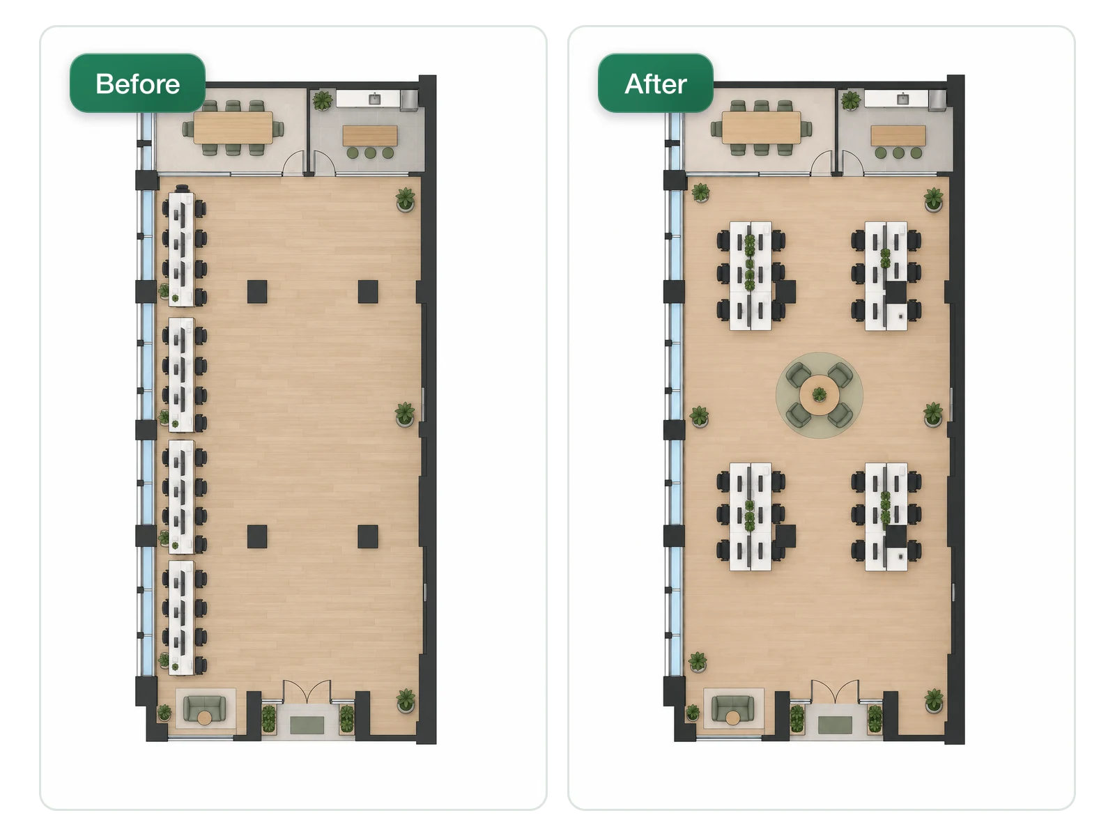 Office floor before and after a desk rearrangement with the floor plan optimizer