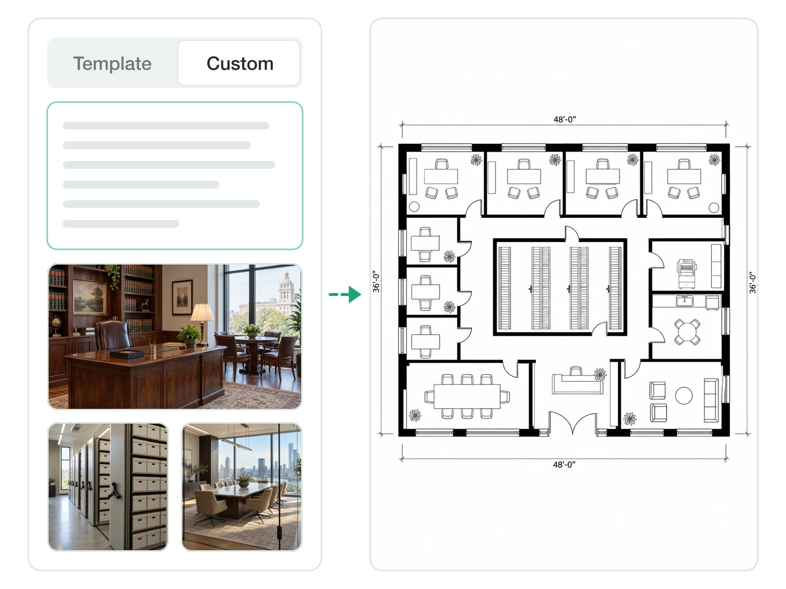 Law office layout with partner offices and a file room generated from a custom brief