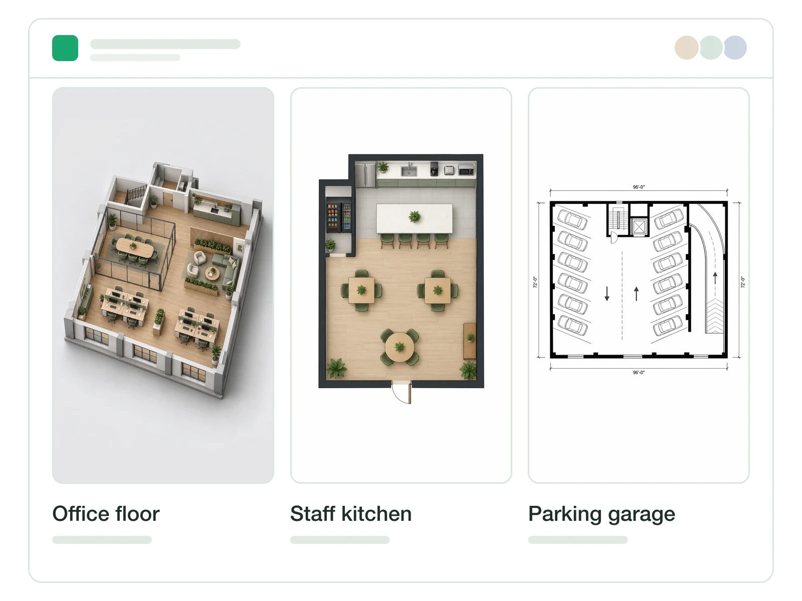 Project workspace with an office floor, a staff kitchen and a garage layout