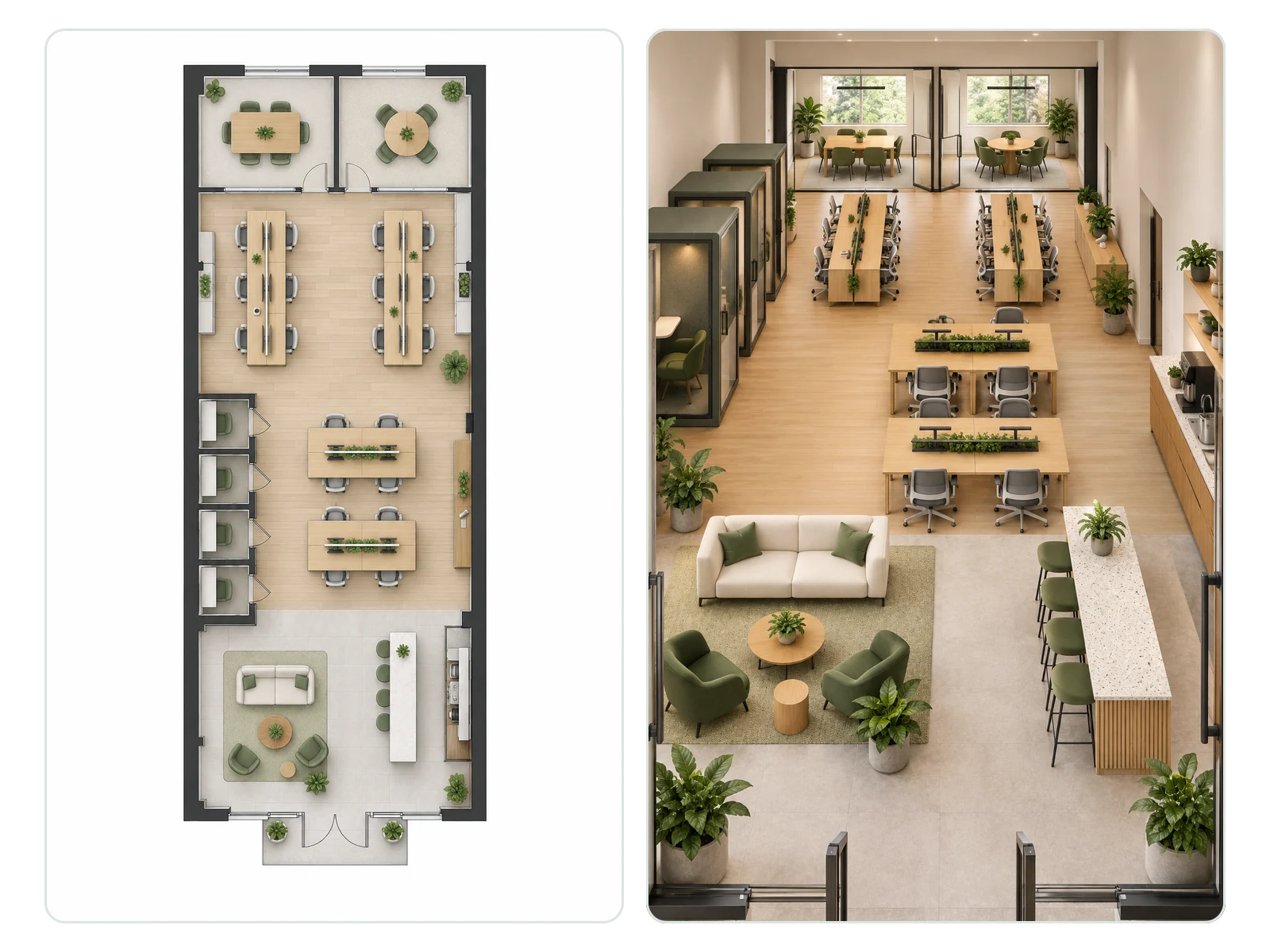 Coworking office layout and its rendered lounge, planned for pre-leasing