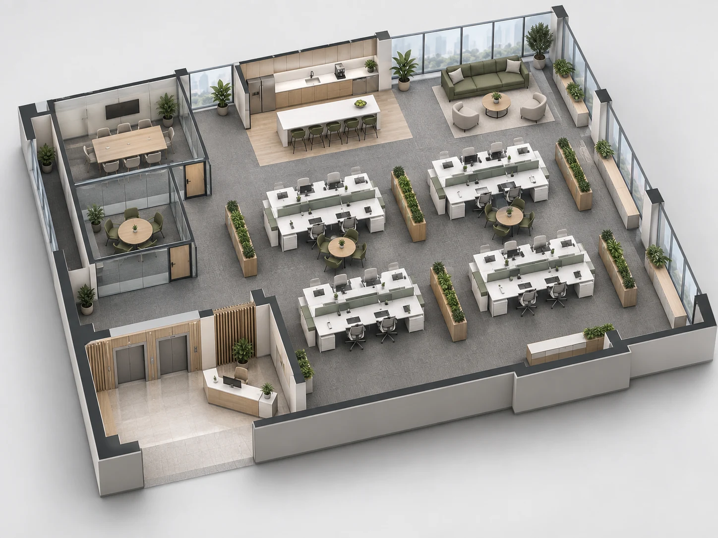 Open plan floor for 40 people converted to a 3D isometric view