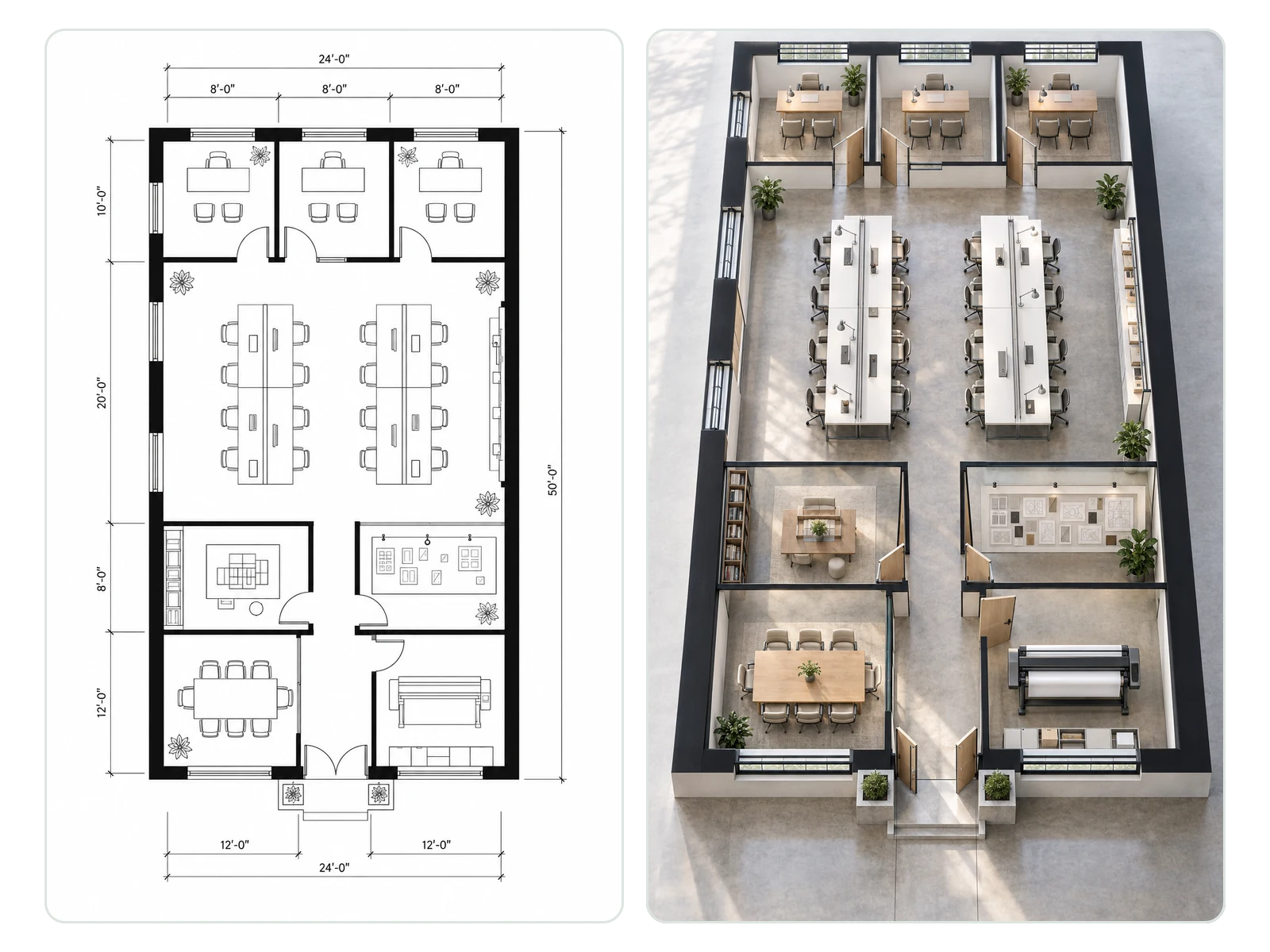 Architecture firm layout with partner offices and an open design studio