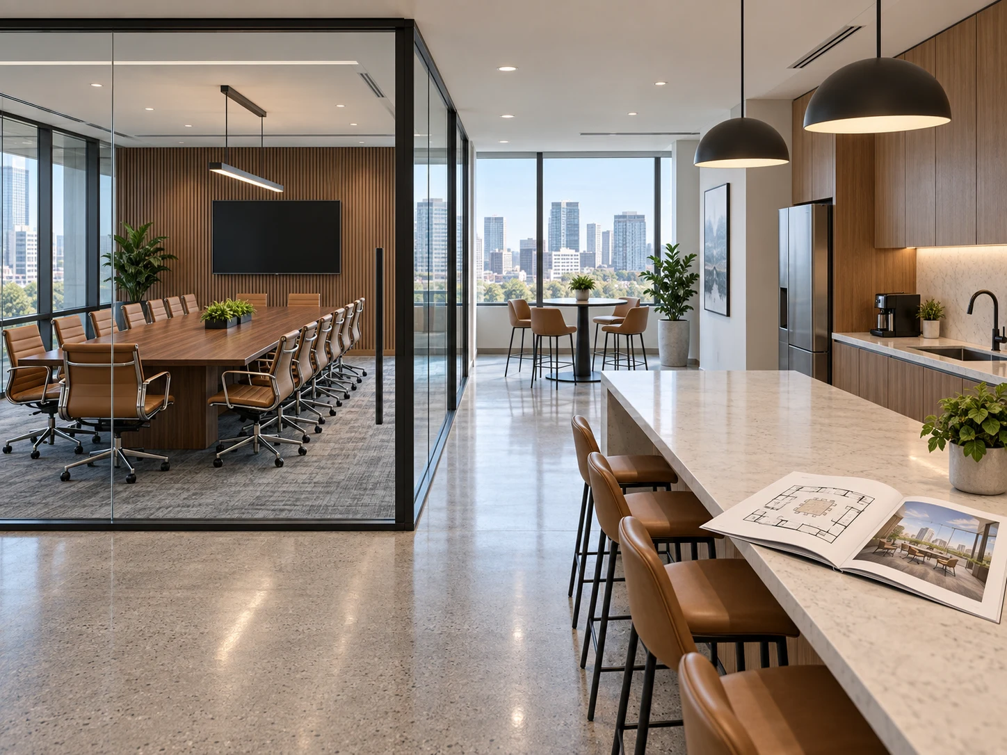 Office building floor plan with a shared conference suite rendered for a leasing brochure
