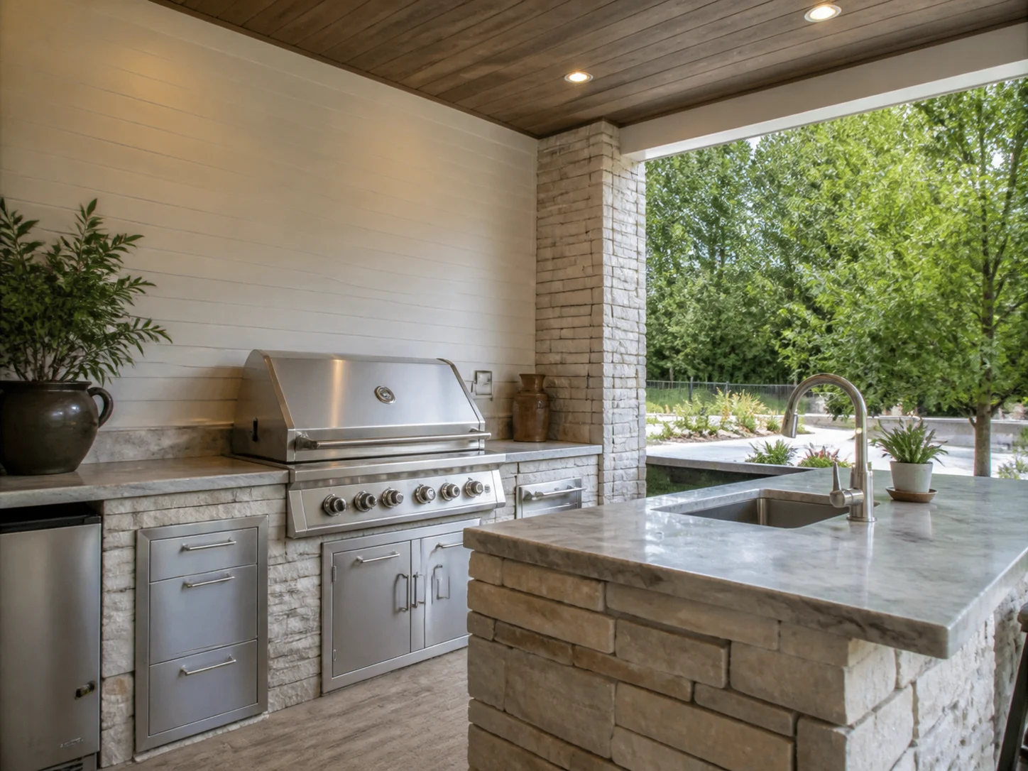 Modern outdoor kitchen with built-in grill and stone countertop
