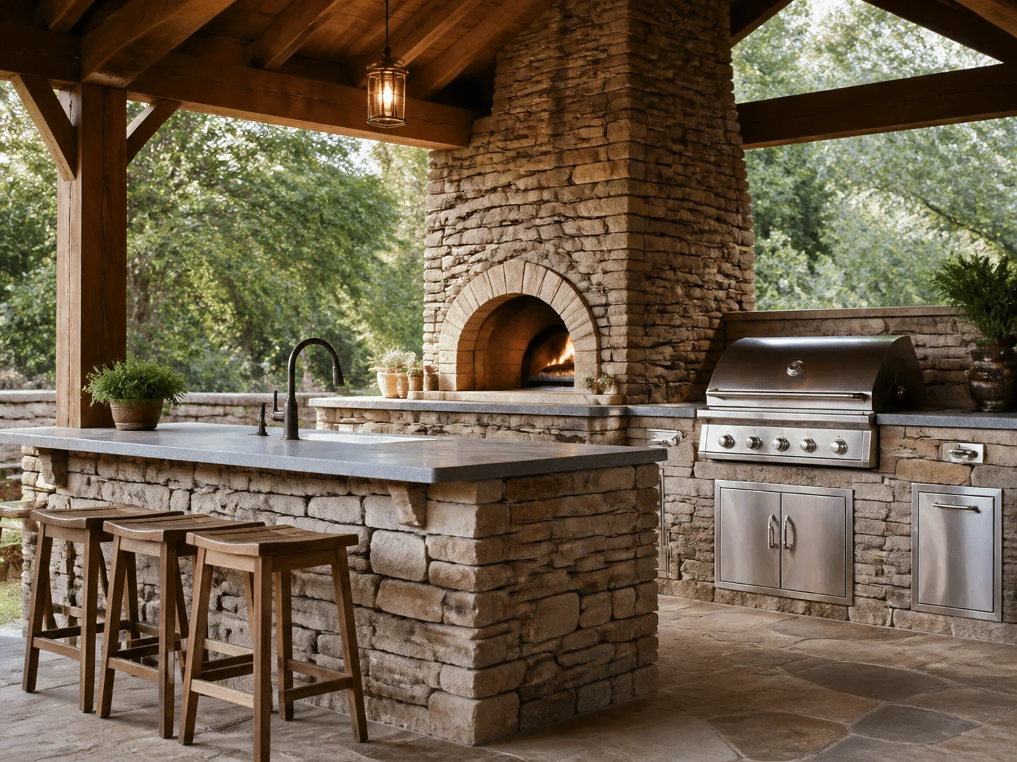 Rustic stone outdoor kitchen with wood-fired oven