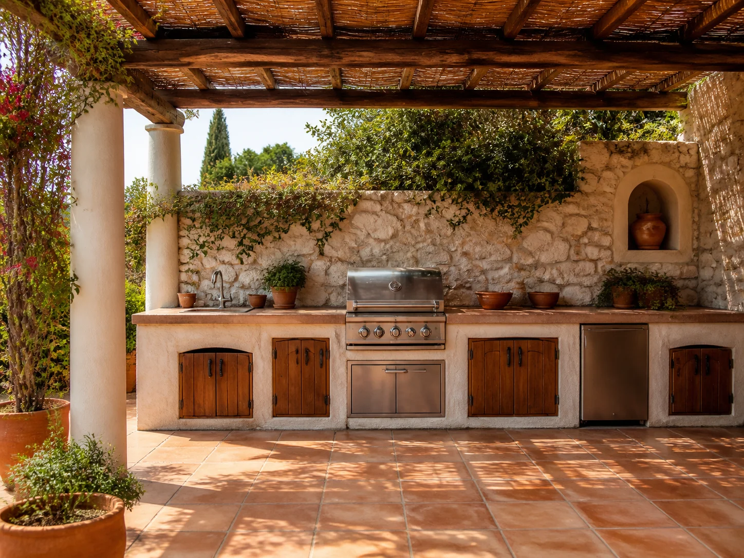 Mediterranean outdoor kitchen with terracotta tile under a pergola