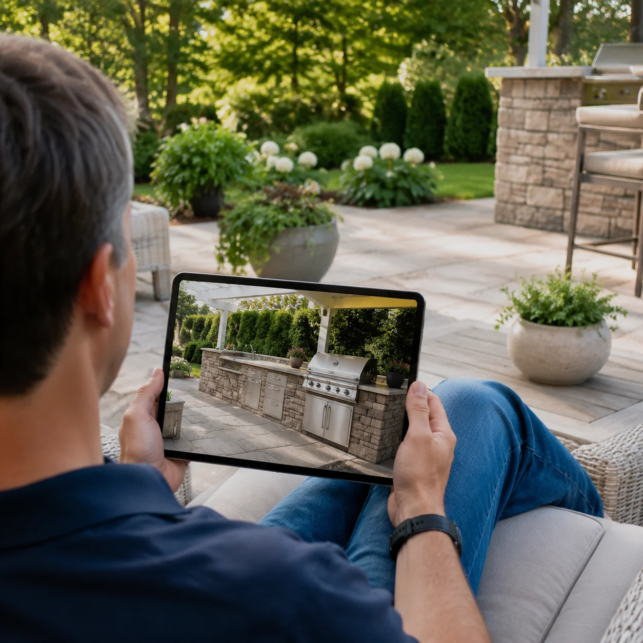 Homeowner viewing an outdoor kitchen design on a tablet on the patio