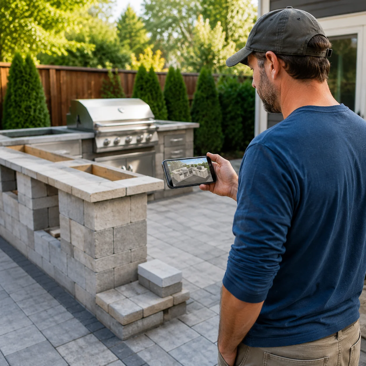 DIY builder checking an outdoor kitchen plan on a phone