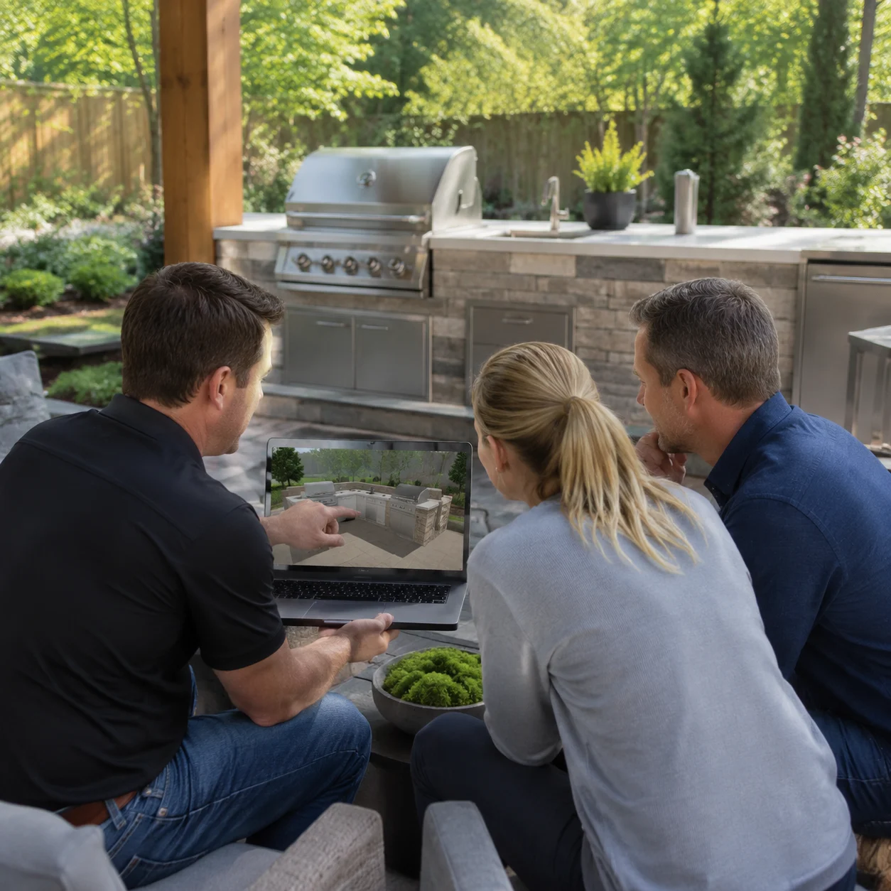Contractor presenting outdoor kitchen layouts to clients on a laptop