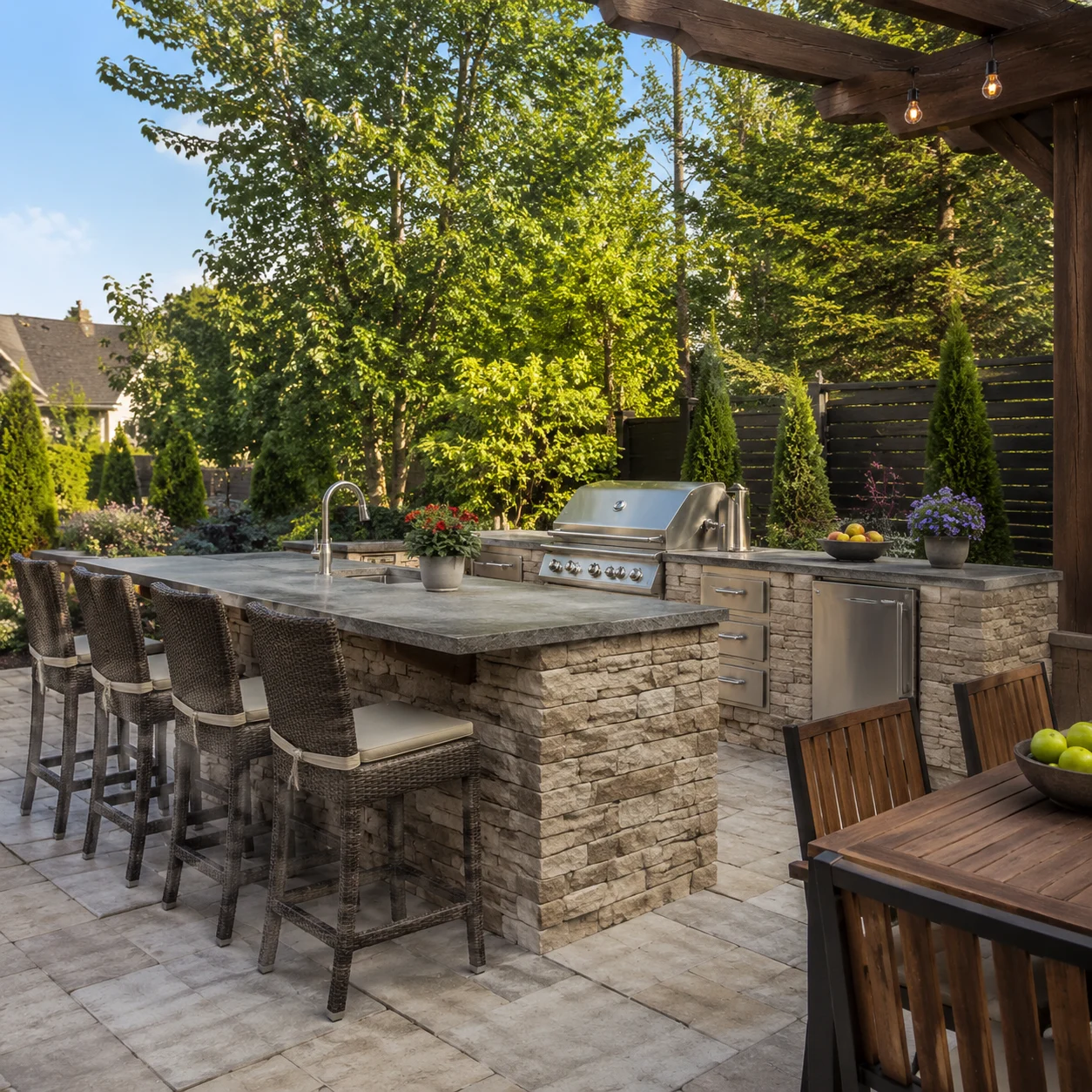 Outdoor kitchen design staged in a backyard for a listing