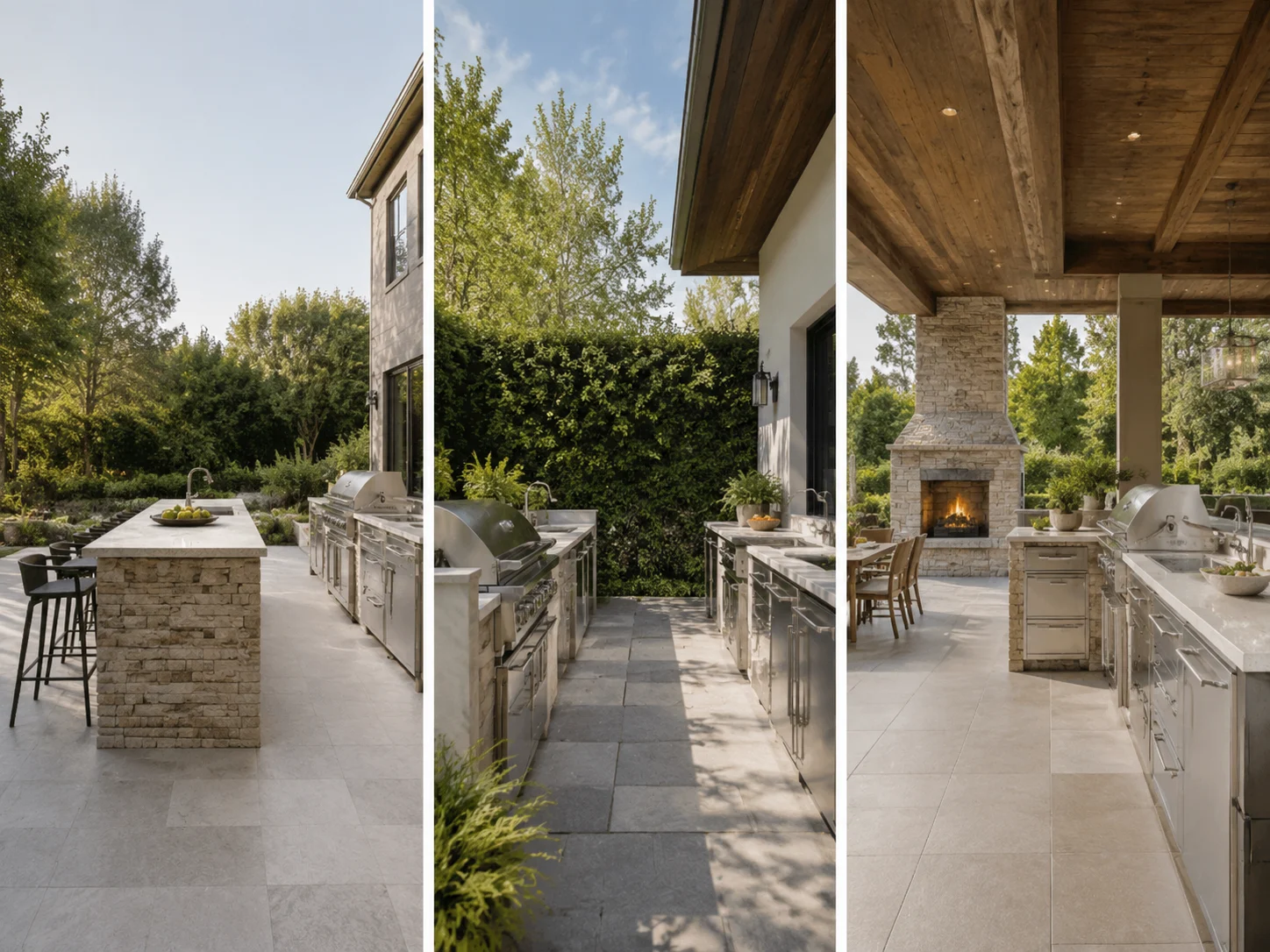 Island, galley, and covered outdoor kitchen layouts compared
