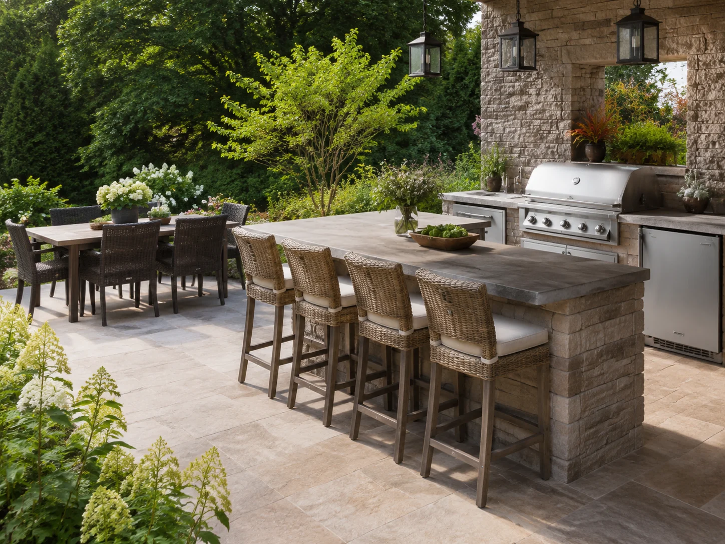 Outdoor kitchen island with bar seating and a nearby dining table