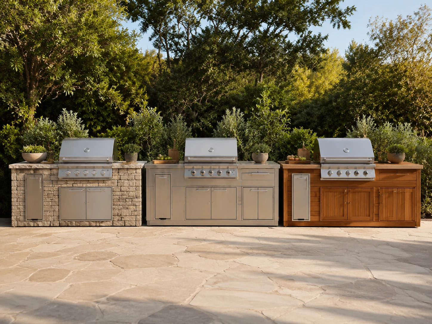 Outdoor kitchen shown in stone, stainless, and timber finishes