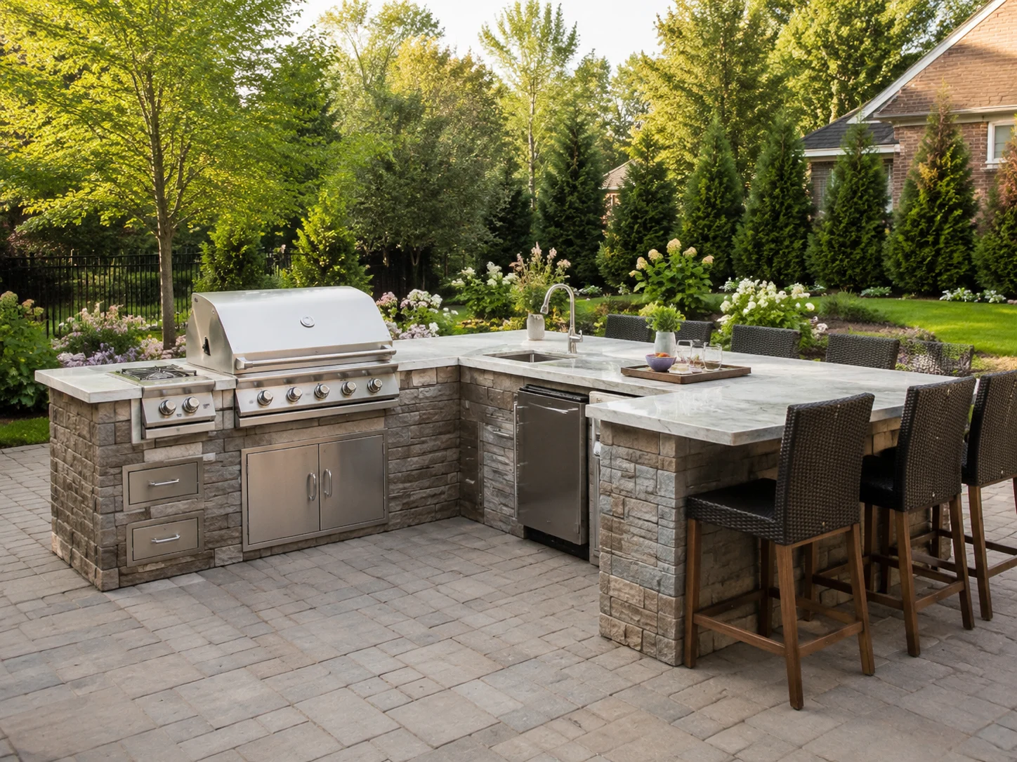 L-shaped outdoor kitchen island with a built-in grill and bar seating