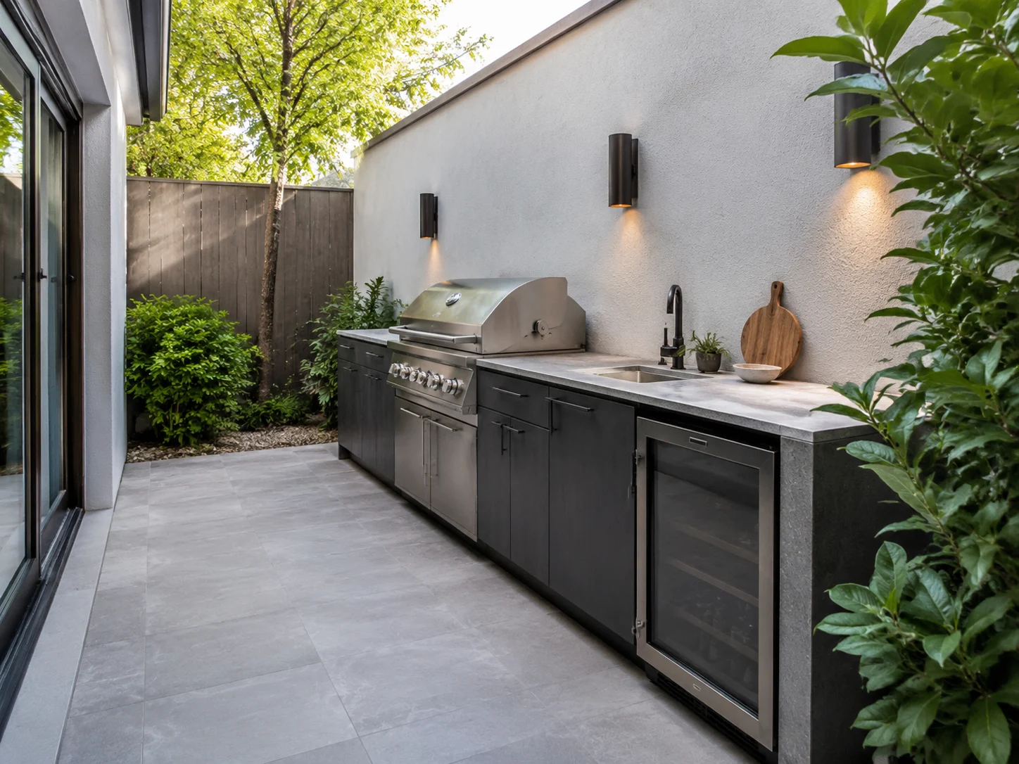 Compact galley outdoor kitchen along one wall of a small patio