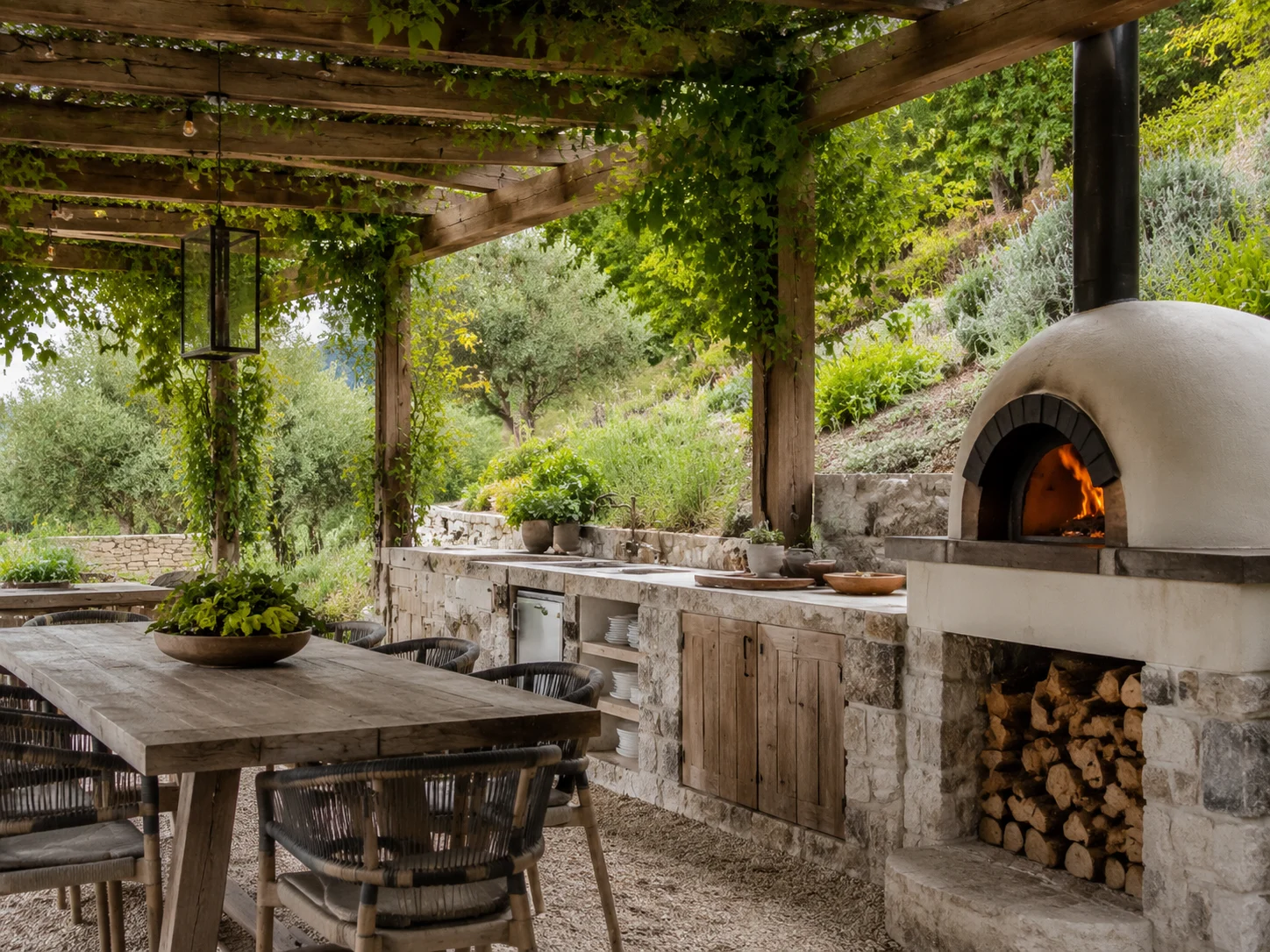 Outdoor kitchen with a wood-fired pizza oven and pergola dining area