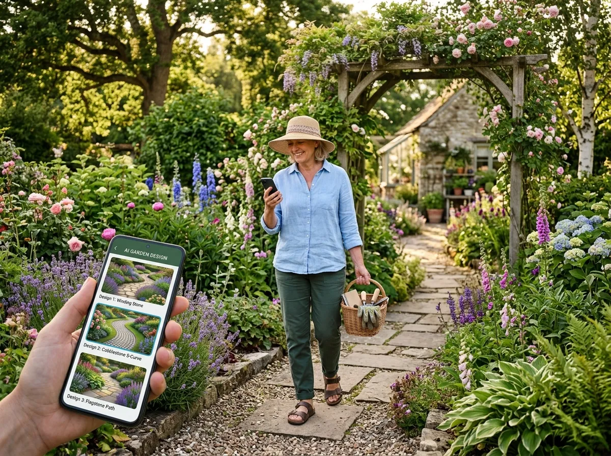 Gardener walking through their garden reviewing AI pathway design options on a phone