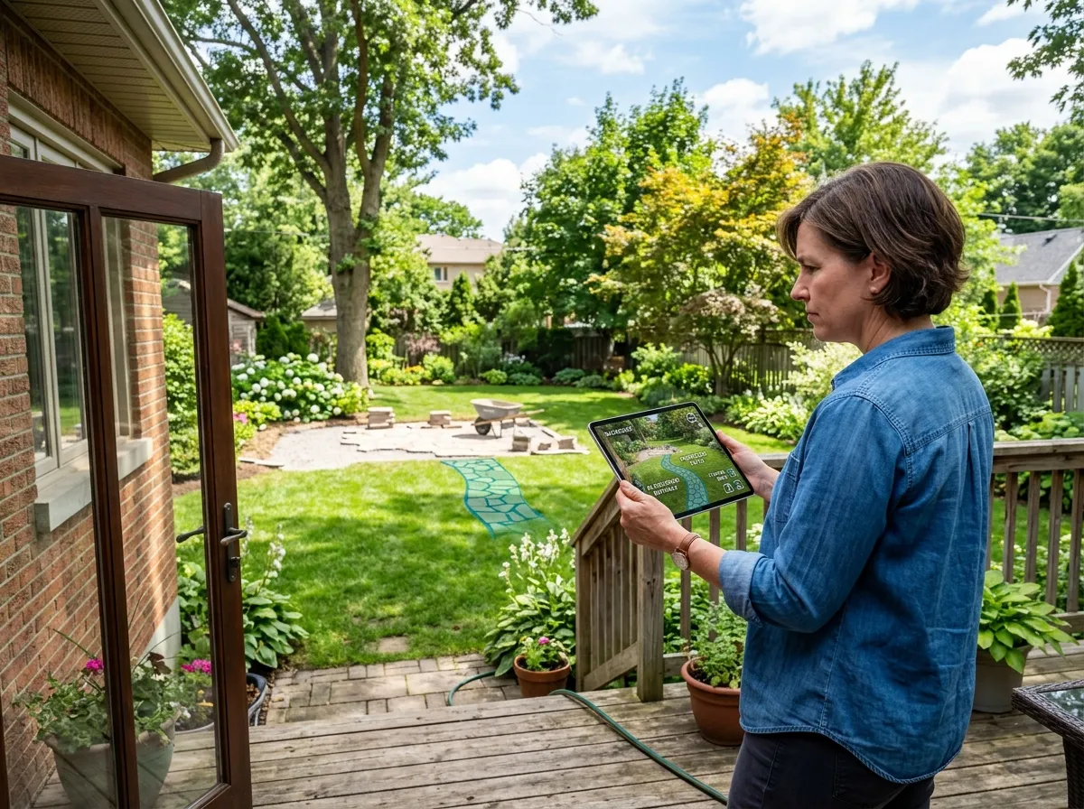Homeowner reviewing AI pathway design connecting back door to patio area