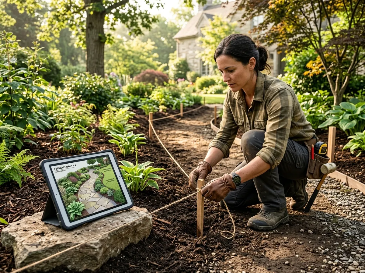 Landscape professional presenting AI pathway design renders to a client at a garden site