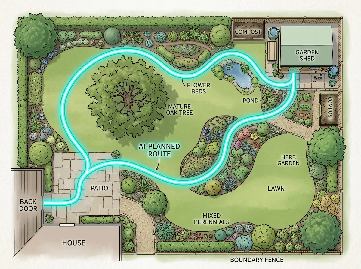 AI pathway design showing smart route planning through a garden with natural curves