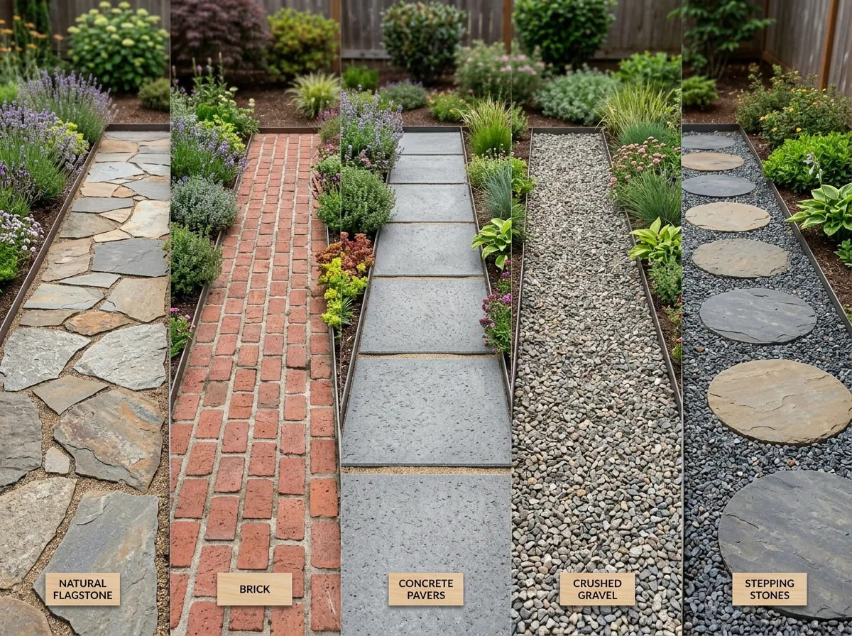 AI pathway design material comparison with flagstone, brick, and gravel options