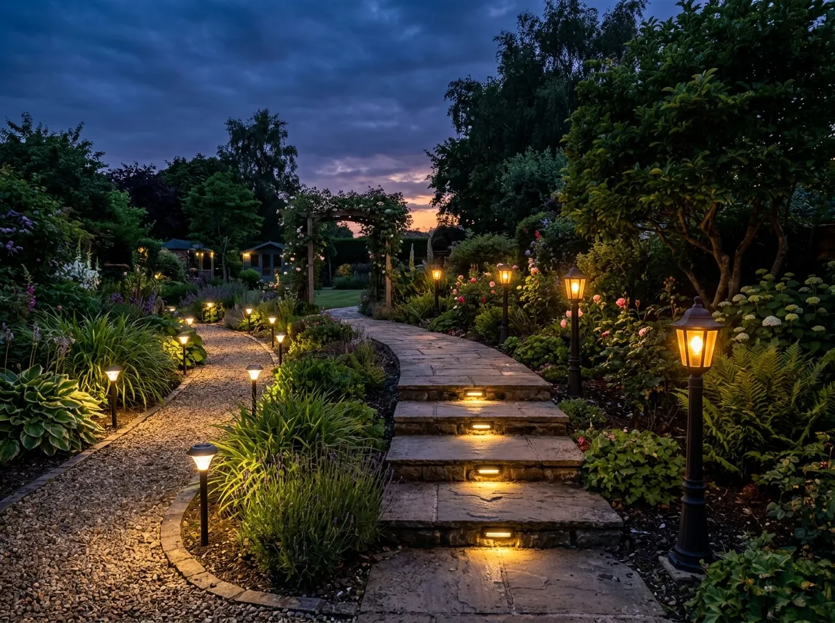 AI pathway design with solar stake lights and bollard fixtures along garden path