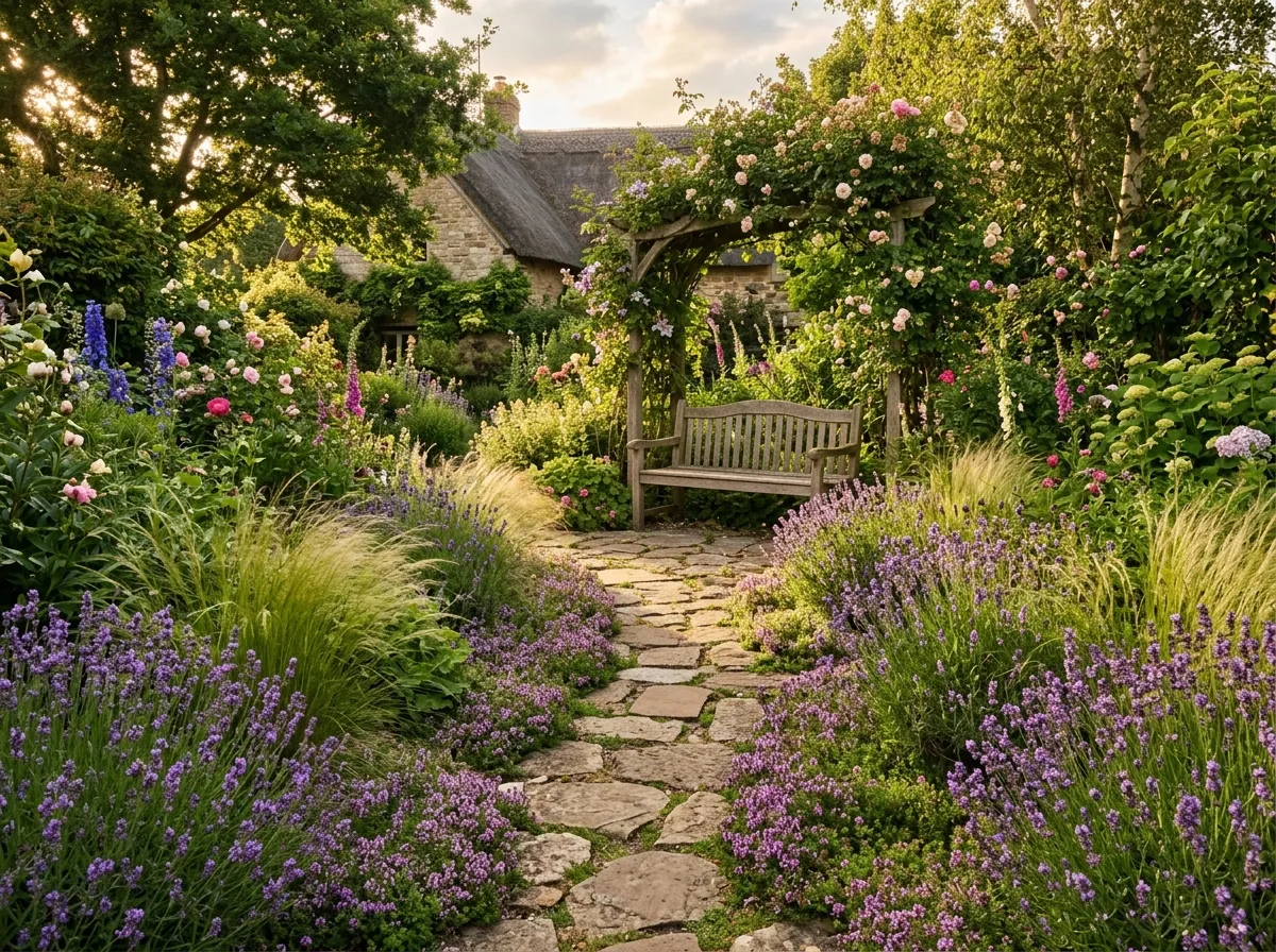 AI pathway design with natural flagstone and creeping thyme in cottage garden