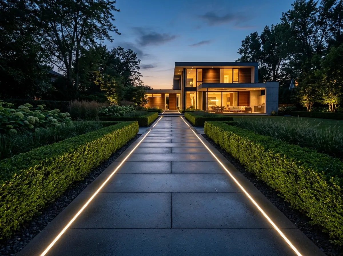Modern AI pathway design with large concrete pavers and LED edge lighting