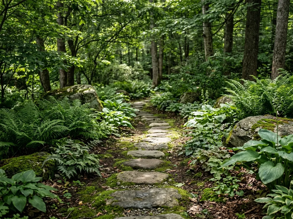 Woodland AI pathway design with stepping stones through a shade garden