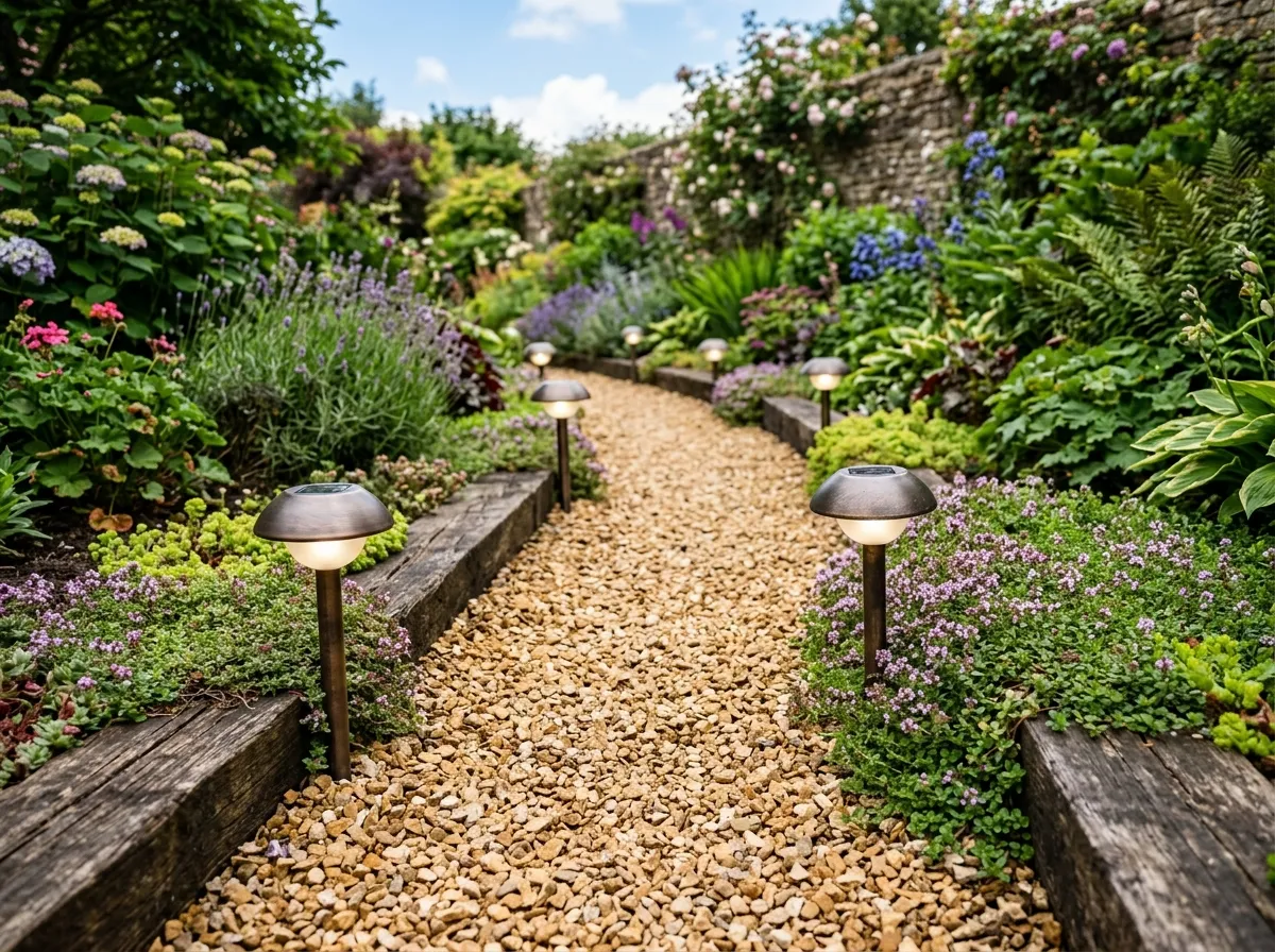 AI pathway design with gravel fill and timber sleeper edging