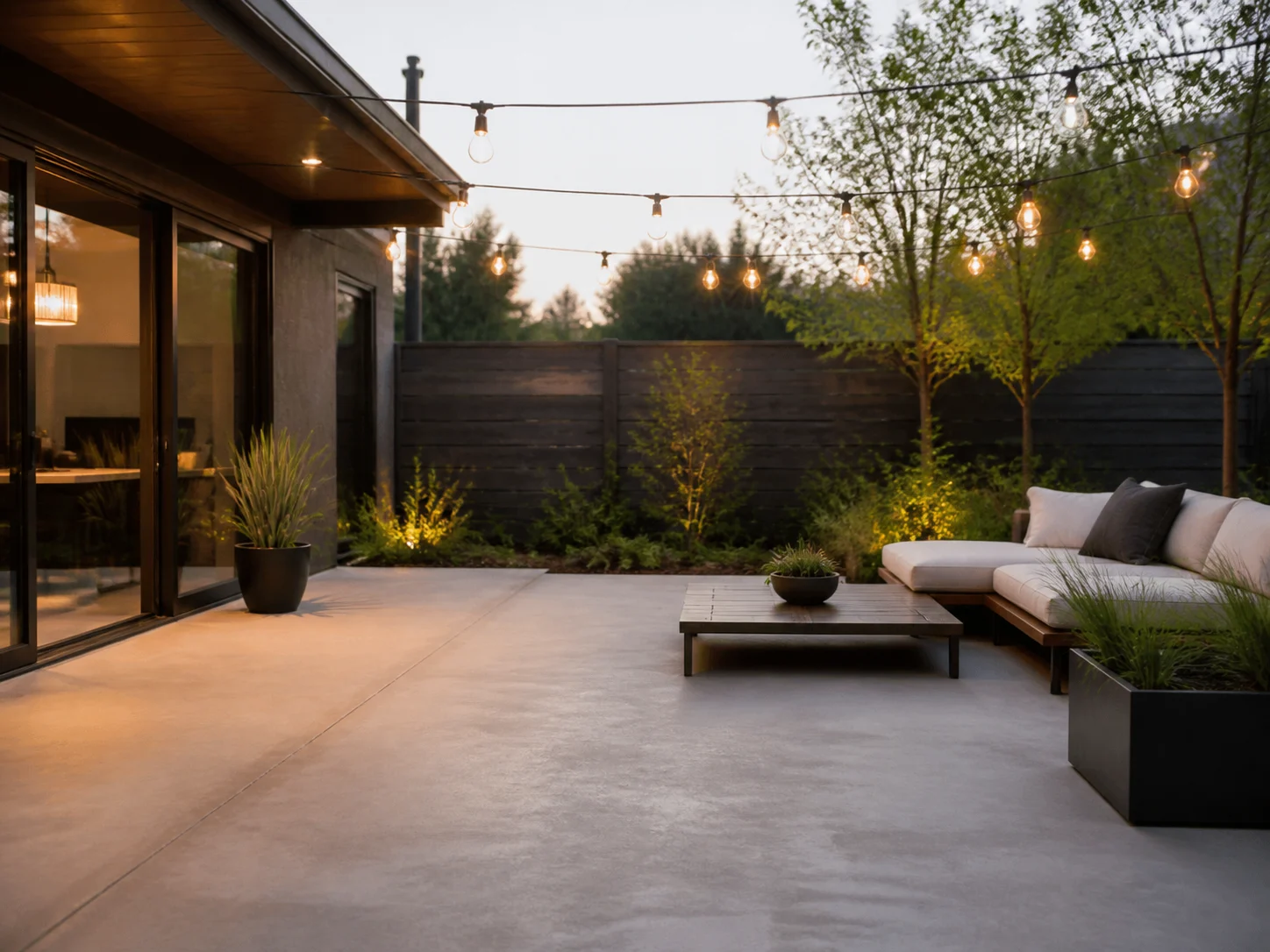 Modern concrete patio with low lounge furniture and string lights