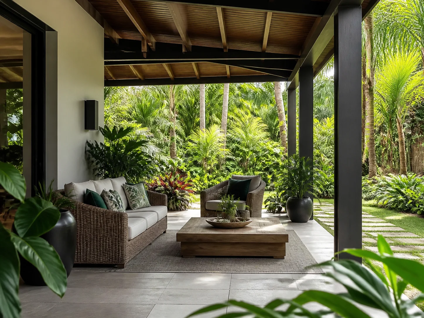 Tropical covered patio with rattan furniture and lush plants