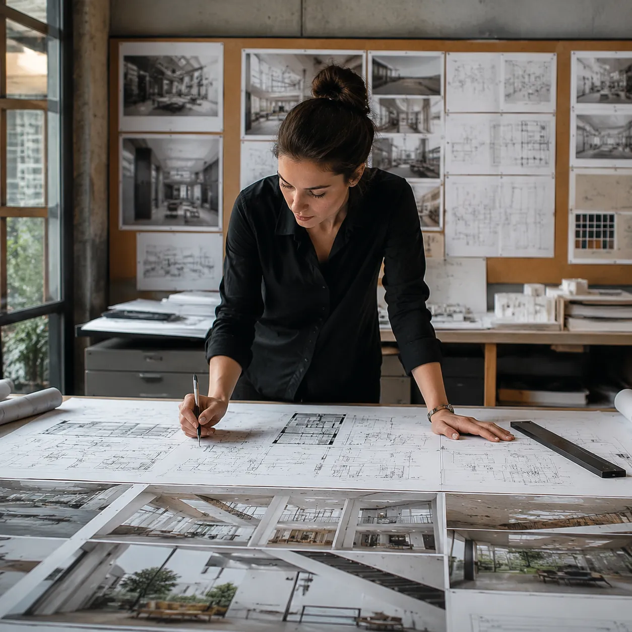 Arquitecto usando cambiador de perspectiva con IA para mostrar ángulos de diseño interior