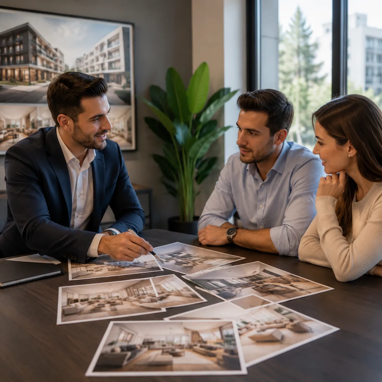 Profesional inmobiliario usando cambiador de perspectiva con IA para visuales de propiedad
