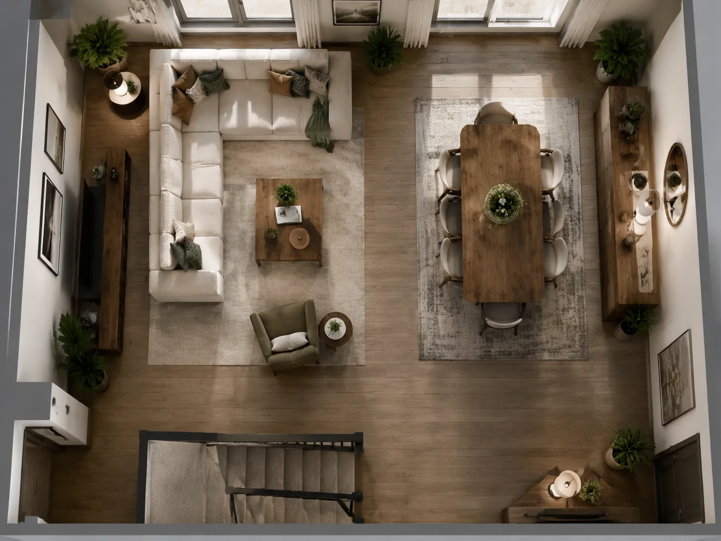 cambiador de perspectiva con IA generando vista cenital de render de interiorismo