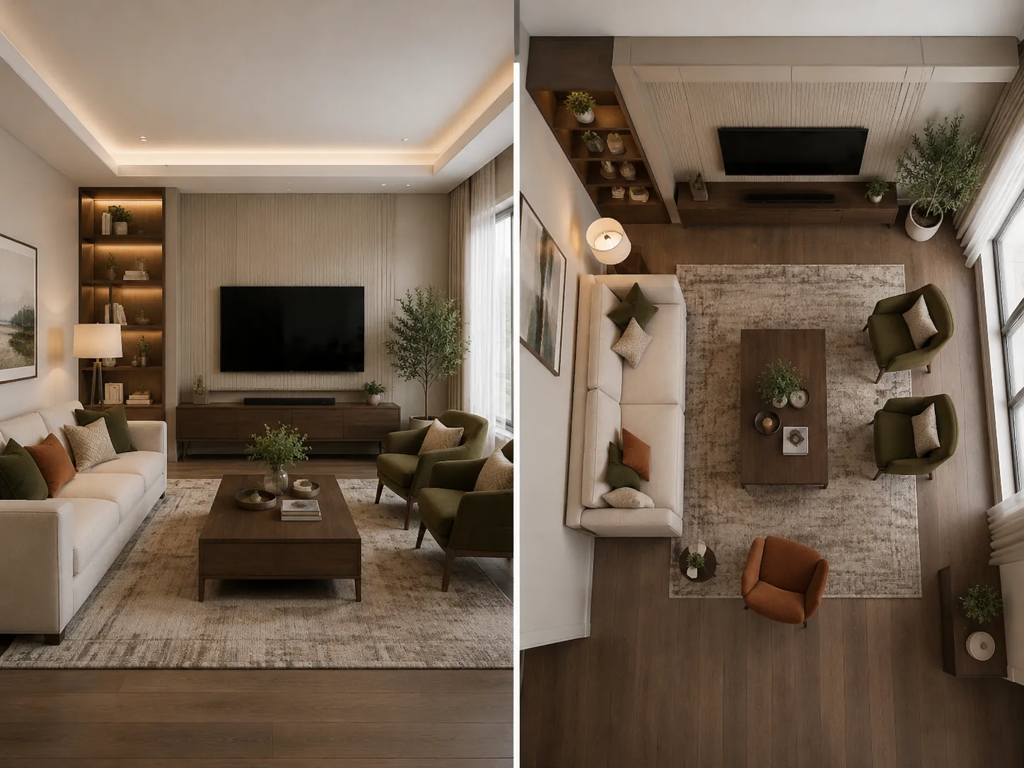 cambiador de perspectiva con IA antes y después: de vista estándar a vista de pájaro de render