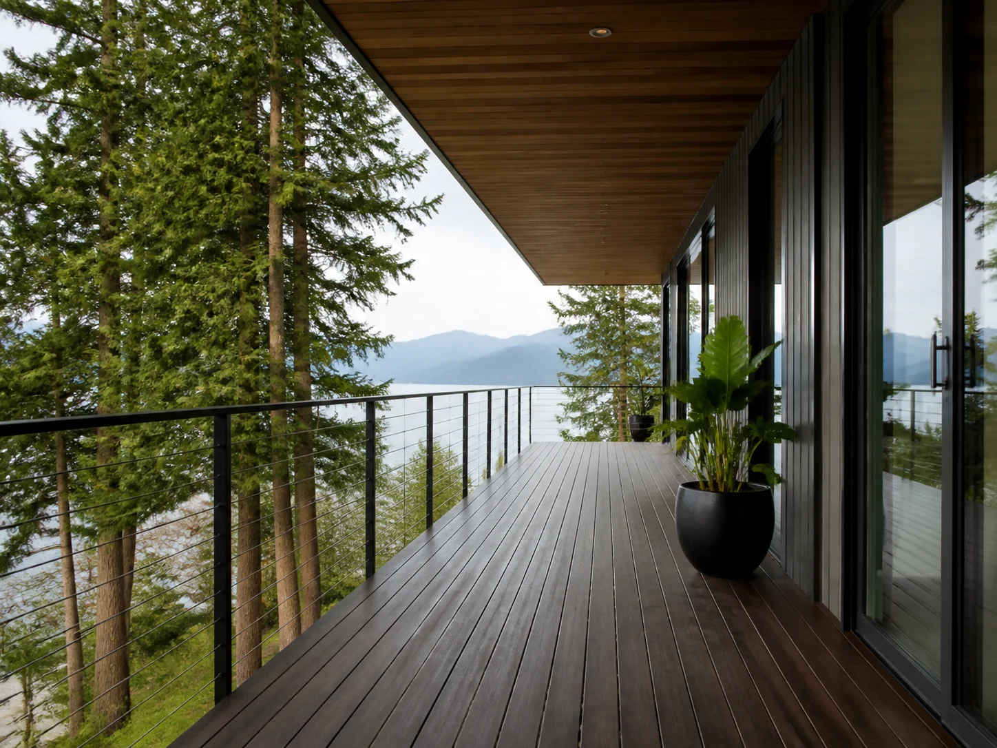 Modern porch with slim steel railing and dark wood decking