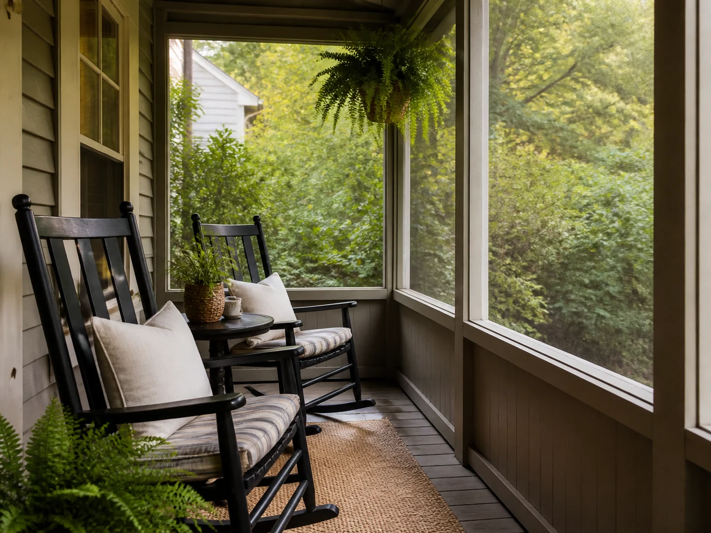 Cozy screened porch with rocking chairs