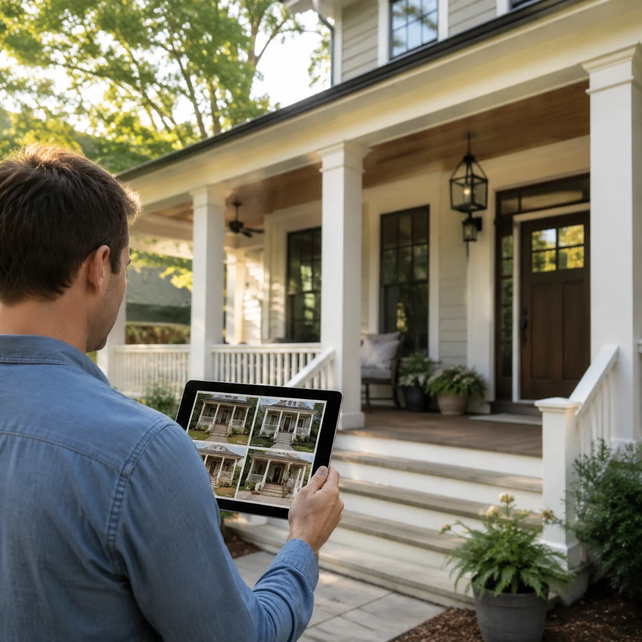 Homeowner viewing porch design options for their house on a tablet
