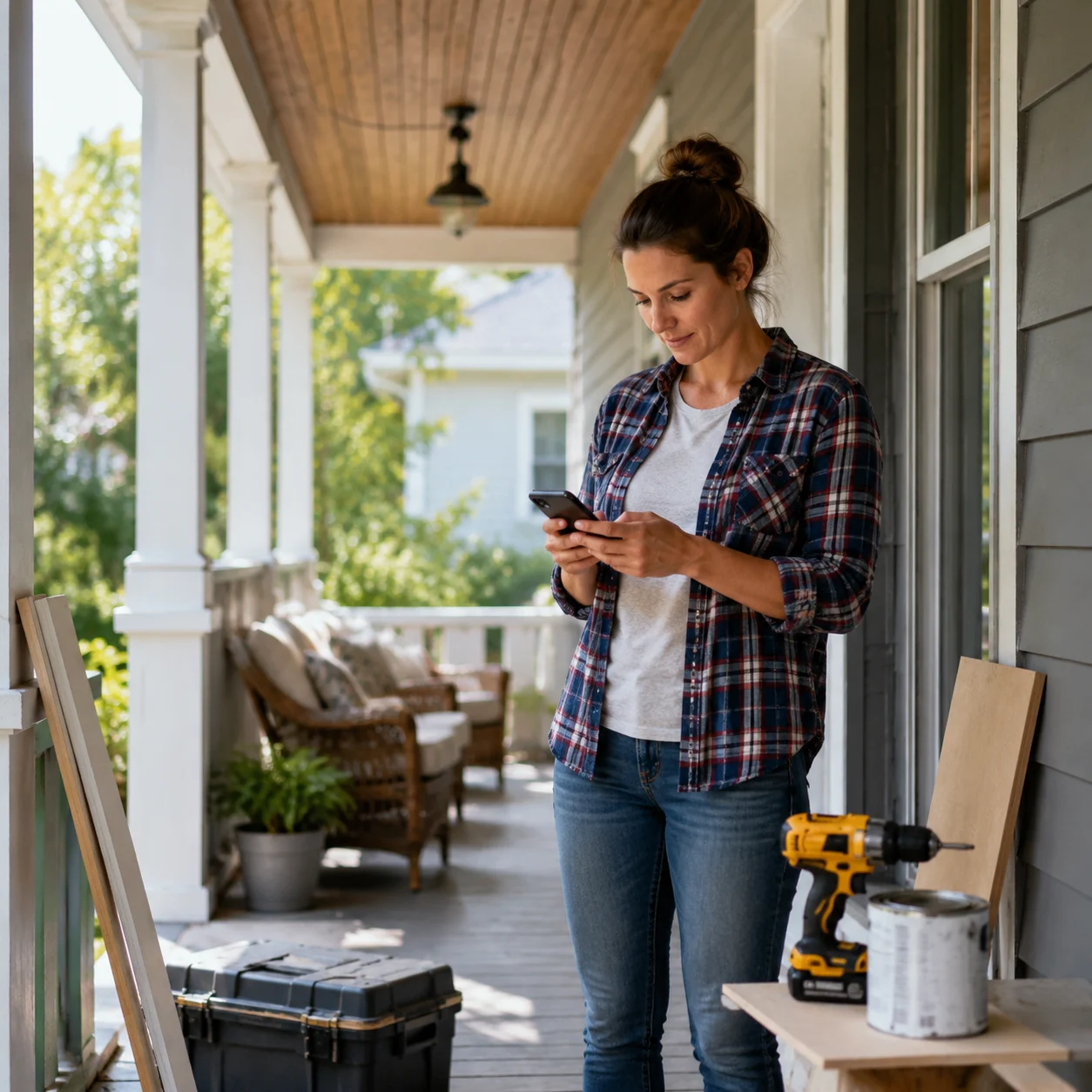 DIY renovator planning a budget porch refresh from a phone on the front steps